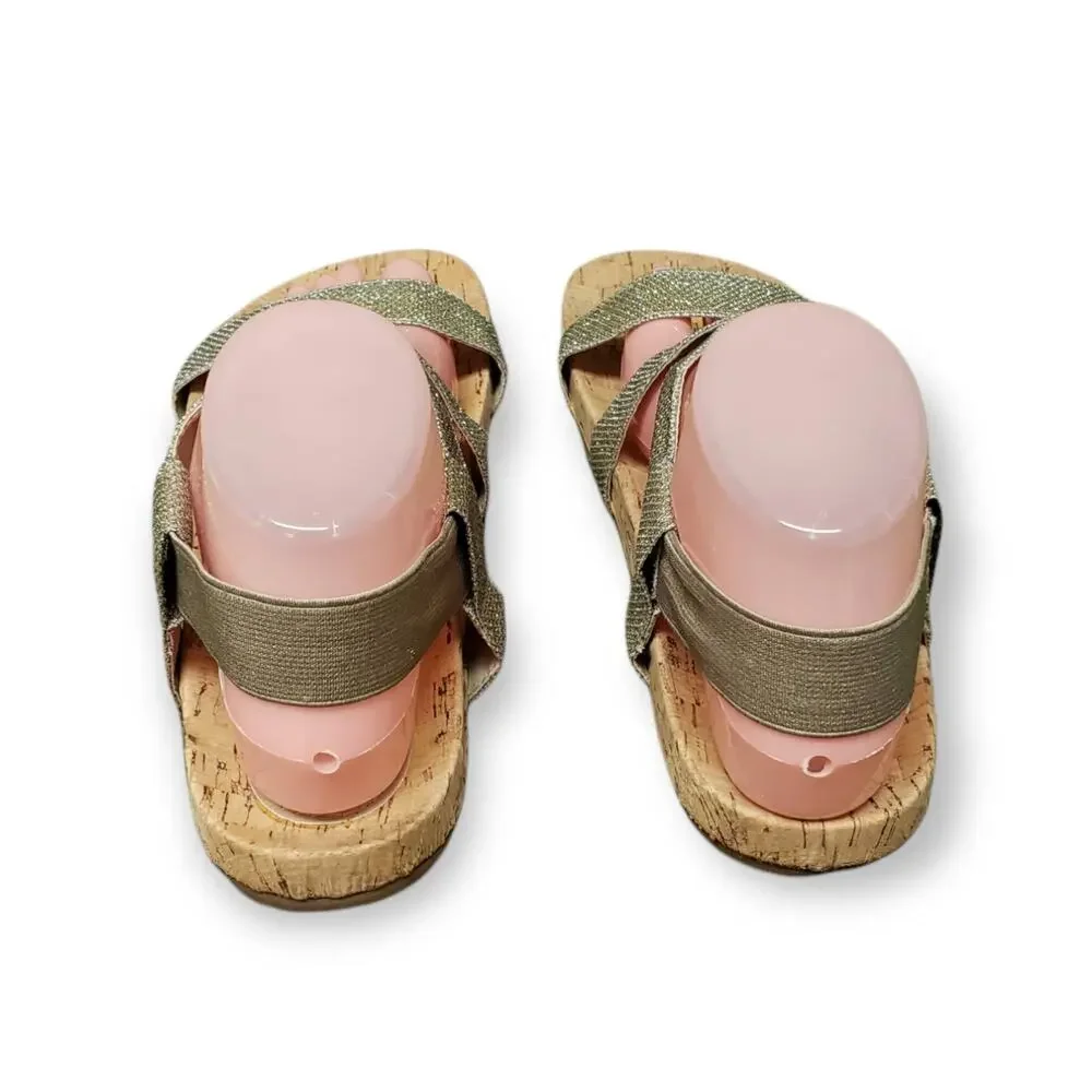 White Mountain Cork Silver & Gold Elastic Strap Open Toe Sandals Shoes  Size 9.5